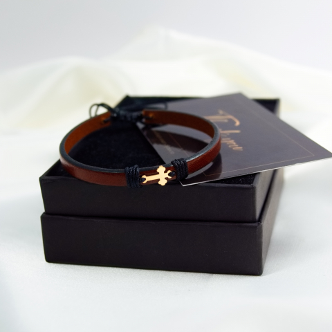 Bratara din piele si cruciulita din aur 14K Unisex - Femei Barbati [1]