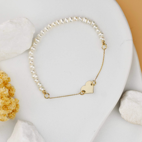 Bratari cu perle naturale - Bratara perle de cultura si inima din Aur 14K - Model perle combinat cu lantisor din aur