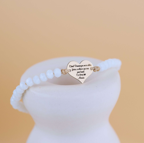 8 Martie - Bratara inima Aur 14k 14mm - Mesaj personalizat pentru Fiica - Margele opal alb