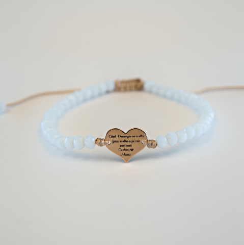 Bratara hand made cu margele de sticla albe si inimioara din aur 14K - Mesaj gravat pentru fiica [1]