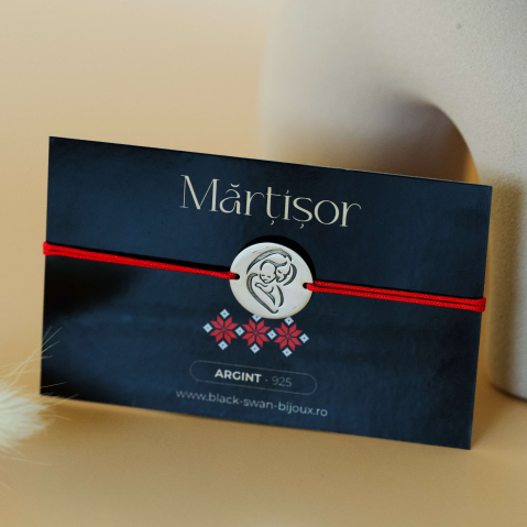 Martisoare - Bratara martisor cu snur rosu si banut 15mm din Argint 925  Mama si Bebe