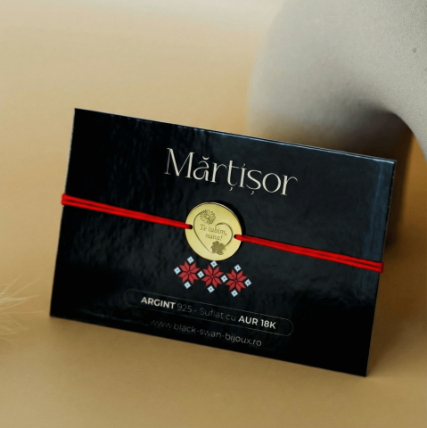 Martisoare Argint 925 - Bratara martisor personalizat pentru nana - snur rosu si banut din Argint 925 suflat cu Aur 18K - 'Te iubim nana'