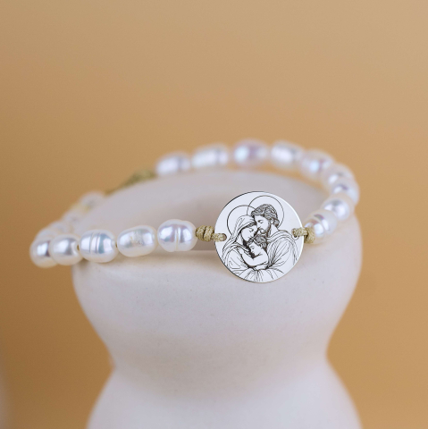 BRĂȚĂRI - Bratara Icoana Sfanta Familie Perle de cultura - Banut din Argint - Bratara Crestina