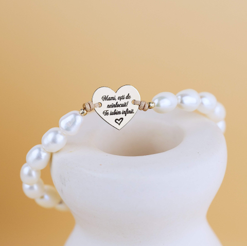 8 Martie - Bratara Inima din Aur 13mm - Perle naturale cultura - Pentru Mama