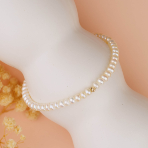Bratari cu perle naturale - Bratara perle albe de cultura si biluta din Aur 14K 2.5mm