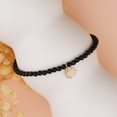 Bratari cu bilute din aur - Bratara dama cristale negre fatetate si charm / pandantiv Soare din Aur 14K
