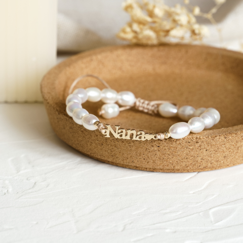 Cadou pentru cumatri - Bratara perle naturale reglabila cu bile din aur 14K - Link din Aur 'Nana' - Cadou cumatri