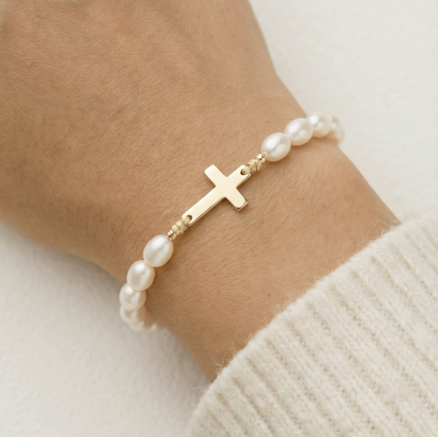 BRĂȚĂRI - Bratara perle naturale si cruciulita din aur 14K