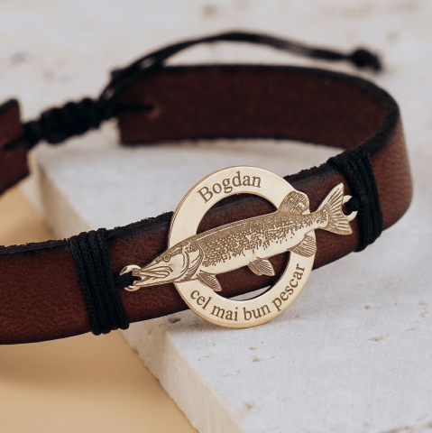AUR - Bratara piele barbati cu banut Argint si Stiuca Gravata - Cadou Pescari Spining