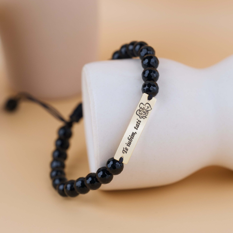 BRĂȚĂRI BĂRBAȚI - Bratara onyx negre si placuta din Aur 14K 'Te iubim, Tati!'