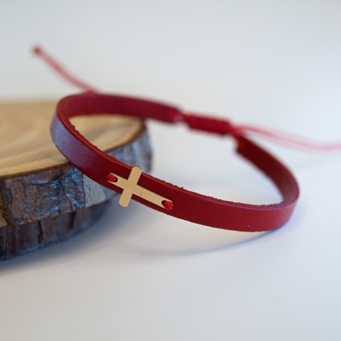 Bratari din piele pentru femei - Bratara piele si cruciulita din aur 14K Unisex - Femei Barbati