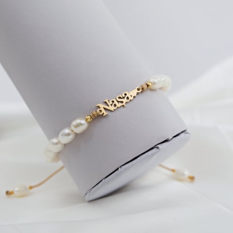 CADOU - Bratara din perle de cultura reglabila cu bile din aur 14K - Link din Aur 'Nașa' - Snur din matase