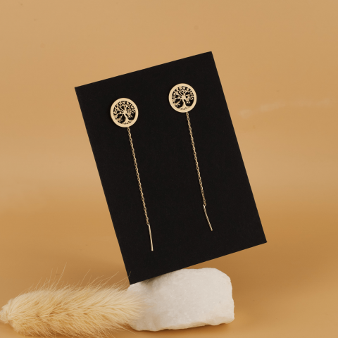 Cercei din aur - Cercei lungi cu lantisor Copacul Vietii din Aur 14K