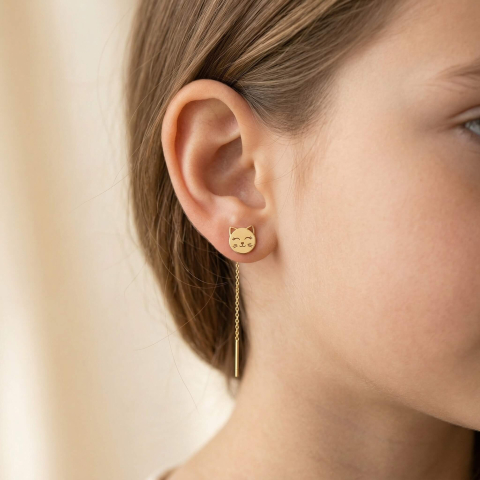 AUR - Cercei din Aur 14K cu extensie lantisor si model pisica