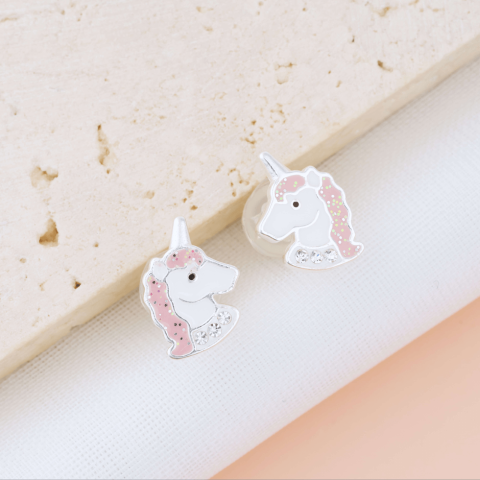 Cercei Argint Copii si Bebelusi - Cercei Premium Fetite Unicorn / Inorog din Argint 925 — Cheita cu Protectie Ureche