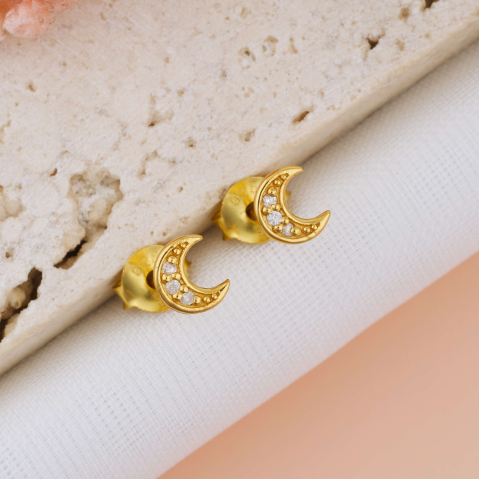 ARGINT - Cercei Semiluna cu Diamant Natural — Argint 925, Placat cu Aur 24K