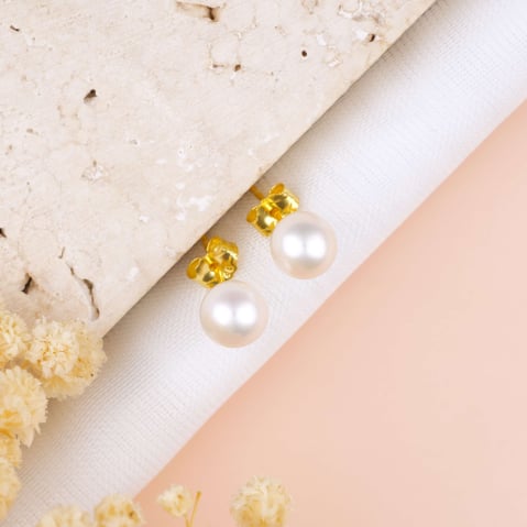 Cercei Perle Naturale - Cercei perle albe 6 mm din Argint placat cu Aur 18K