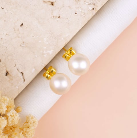 Cercei Perle Naturale - Cercei perle albe 8 mm din Argint placat cu Aur 18K