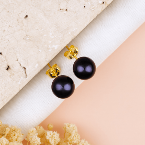 Cercei Perle Naturale - Cercei perle negre 8 mm din Argint placat cu Aur 18K