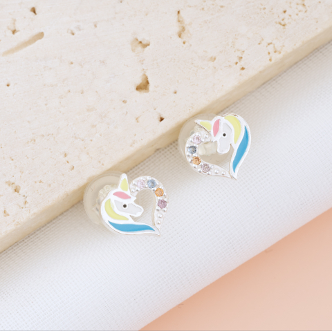 Cercei Argint Copii si Bebelusi - Cercei Premium Unicorn / Inorog din Argint 925 — Cheita cu Protectie Silicon Ureche