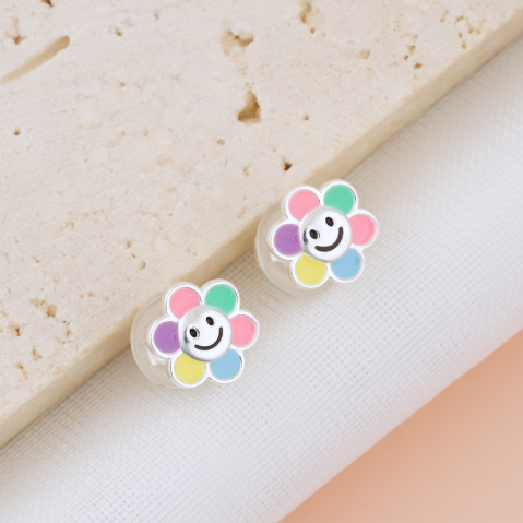 Cercei Argint Copii si Bebelusi - Cercei Premium Smiley / Floare din Argint 925 pentru fetite — Cheita cu Protectie Silicon Ureche