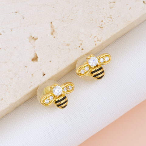 Cercei Argint Copii si Bebelusi - Cercei Premium Albinuta din Argint 925 Placat cu Aur 24K — Cheita cu Protectie Ureche