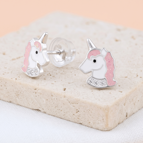 Cercei Argint Copii si Bebelusi - Cercei Premium Fetite Unicorn / Inorog din Argint 925 — Cheita cu Protectie Ureche