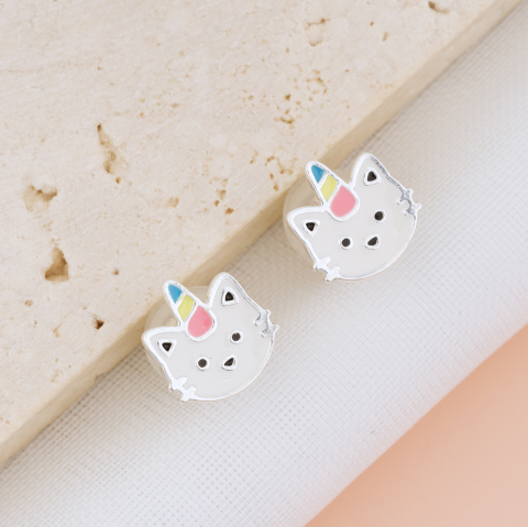 Cercei Argint Copii si Bebelusi - Cercei Premium Pisica Unicorn din Argint 925 pentru fetite — Cheita cu Protectie Silicon Ureche