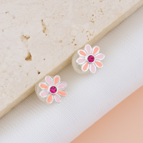 COPII - Cercei Premium Floare cu Cristal din Argint 925 pentru fetite — Cheita cu Protectie Silicon Ureche