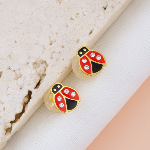 COPII - Cercei Premium Buburuz din Argint 925 pentru fetite placat cu Aur 24K — Cheita cu Protectie Silicon Ureche