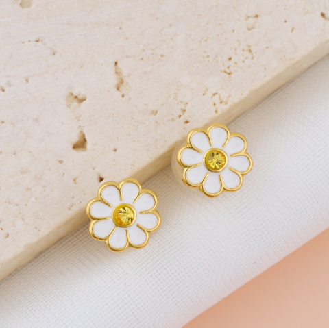 COPII - Cercei Premium Margareta Aurie din Argint 925 pentru fetite — Cheita cu Protectie Silicon Ureche