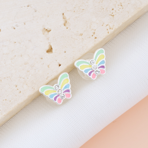 Cercei Argint Copii si Bebelusi - Cercei Premium Fluturas Colorat din Argint 925 pentru fetite — Cheita cu Protectie Silicon Ureche