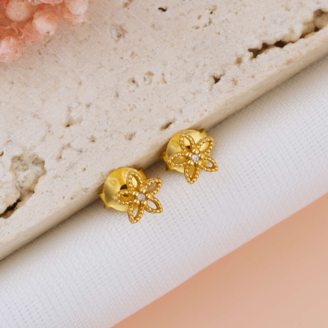 ARGINT - Cercei Floare cu Diamant Natural — Argint 925, Placat cu Aur 24K