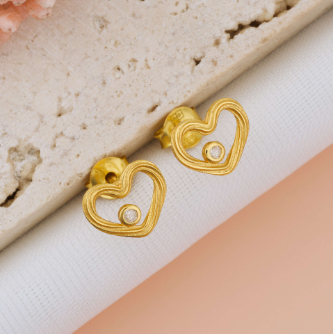 ARGINT - Cercei Inima cu Diamant Natural — Argint 925, Placat cu Aur 24K