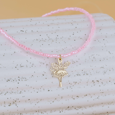 Coliere margele colorate si aur - Chocker colorat cu margele Miyuki roz si pandantiv Zana Magica / Fairy din Aur 14K