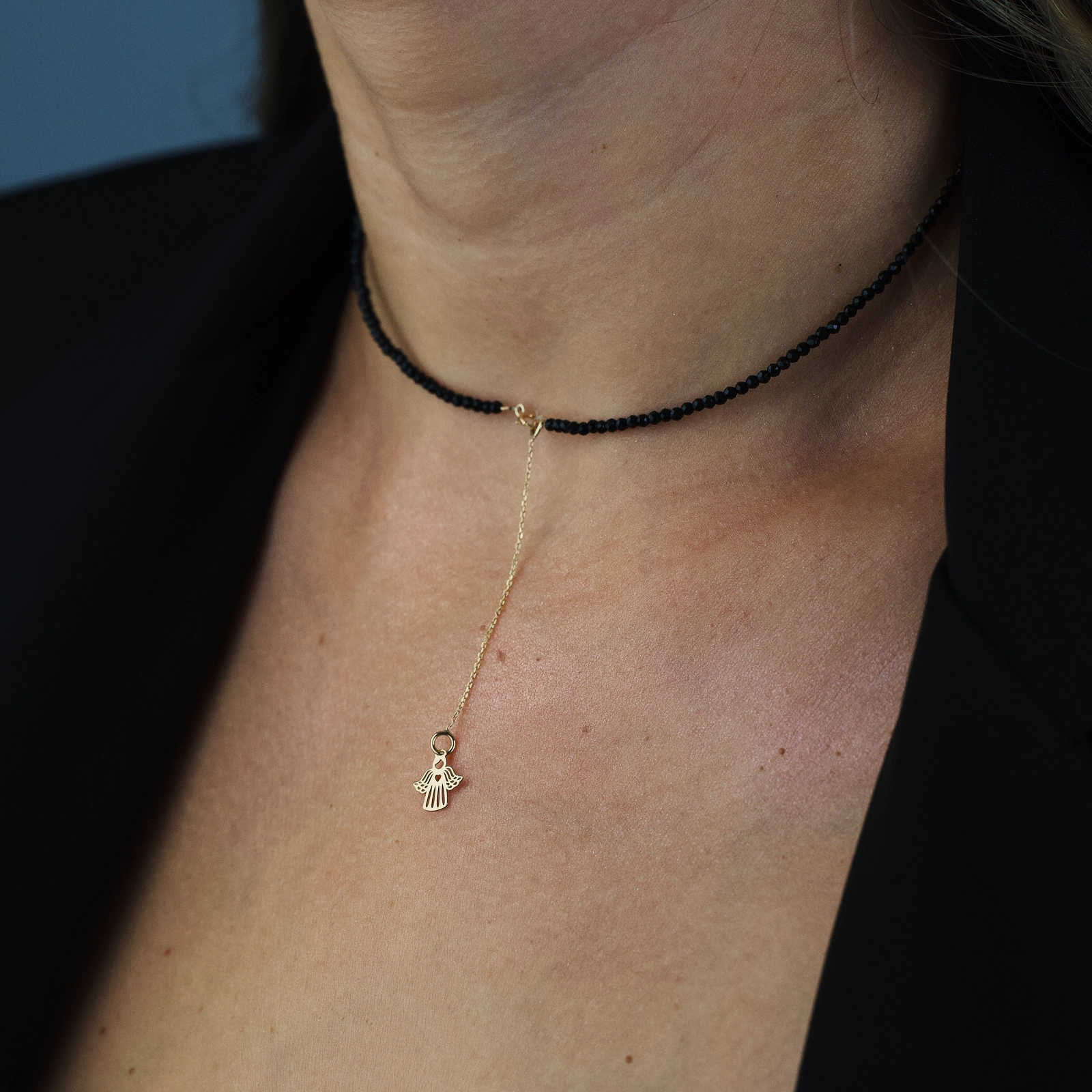 Choker cristale negre 2mm fatetate cu extensie de lantisor si Inger din Aur 14K [1]