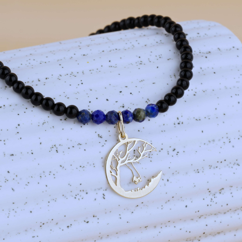 Choker negru cristal si aur - Choker onyx negru si lapiz lazuli cu pandantiv din Aur 14K Semiluna