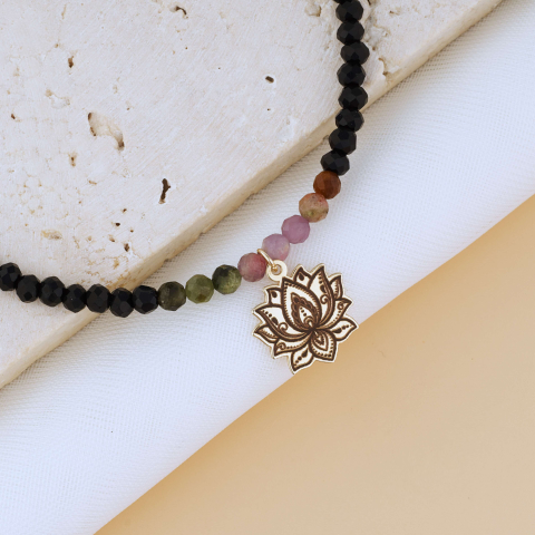 Choker negru cristal si aur - Choker negru Lotus din Aur - Onyx Negru si Turmalina Watermelon