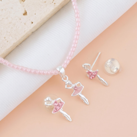 Bijuterii Pasiuni & Hobby - Set Premium Colier + Cercei pentru fetite cu Balerina Roz - Argint 925 + Pelicula Anticoroziva
