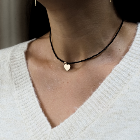 Colier pietre semi-pretioase - Colier cristale negre si pandantiv inima din aur 14K