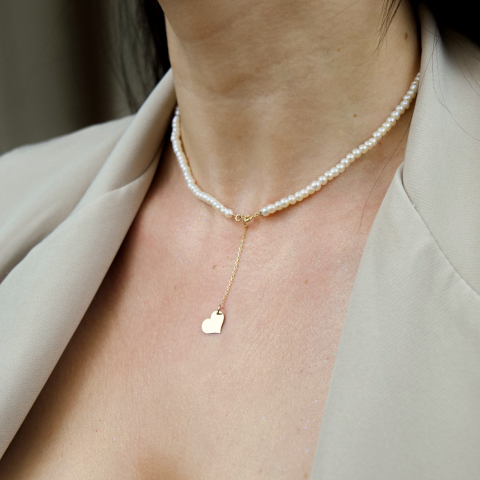 Colier perle naturale - Colier din perle cu lantisor din aur si pandativ inima -  Aur 14K 585'