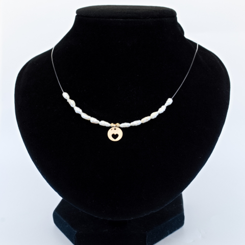 Colier cu fir transparent, perle de cultura si banut din aur 14k [3]