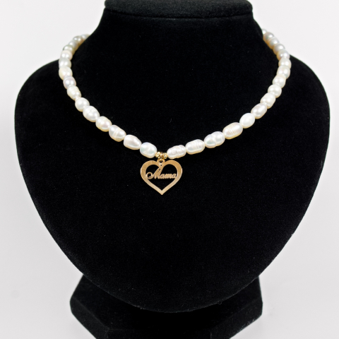 Colier perle naturale - Colier din perle naturale cu pandativ inima - Mama din aur 14K - bilute din aur