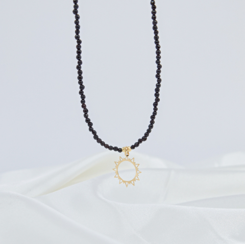 Colier cu pandantiv din aur 14 K 'Soare' - cristale negre si bilute din aur 2.5mm [3]