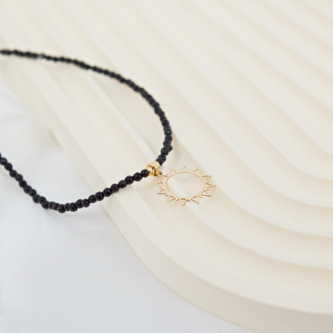 Colier cu pandantiv din aur 14 K 'Soare' - cristale negre si bilute din aur 2.5mm [2]