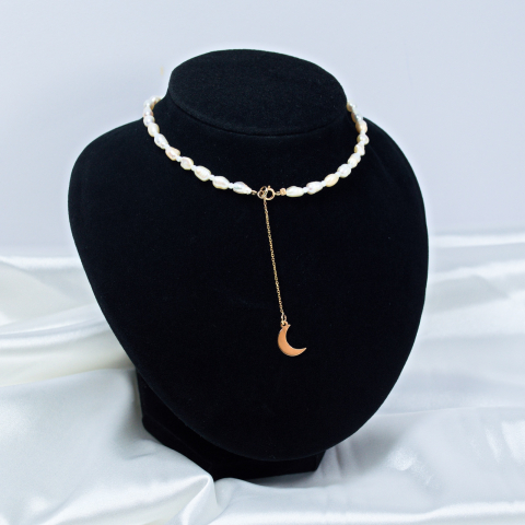 Colier perle naturale - Colier din perle cu lantisor din aur si pandativ semi-luna -  Aur 14K 585'