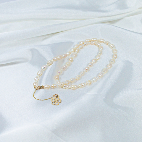 Colier perle naturale - Colier din perle cu lantisor din aur si pandativ floare de nu-ma-uita -  Aur 14K 585'