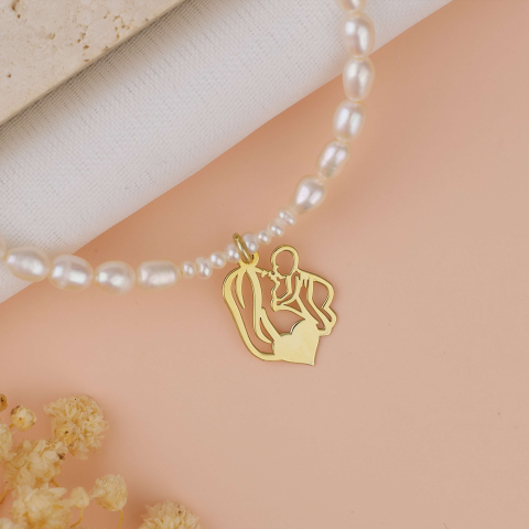 Colier perle naturale cu argint - Colier perle naturale de cultura si pandantiv Mama si bebe Argint 925 Placat cu Aur 18K