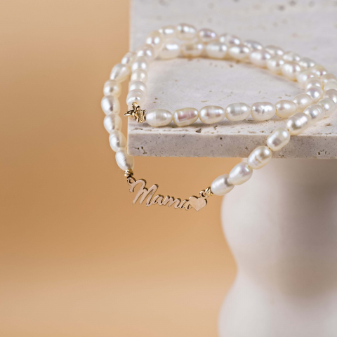 Colier din perle naturale cu link din aur 14K 'MAMA' [5]