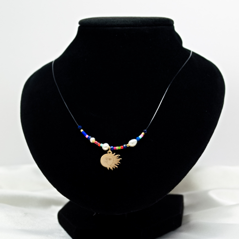 Lantisor fir transparent - Colier invizibil - Colier pe fir de guta transparent cu margele MIYUKI, perle de cultura si pandantiv din aur 14K soarele si luna